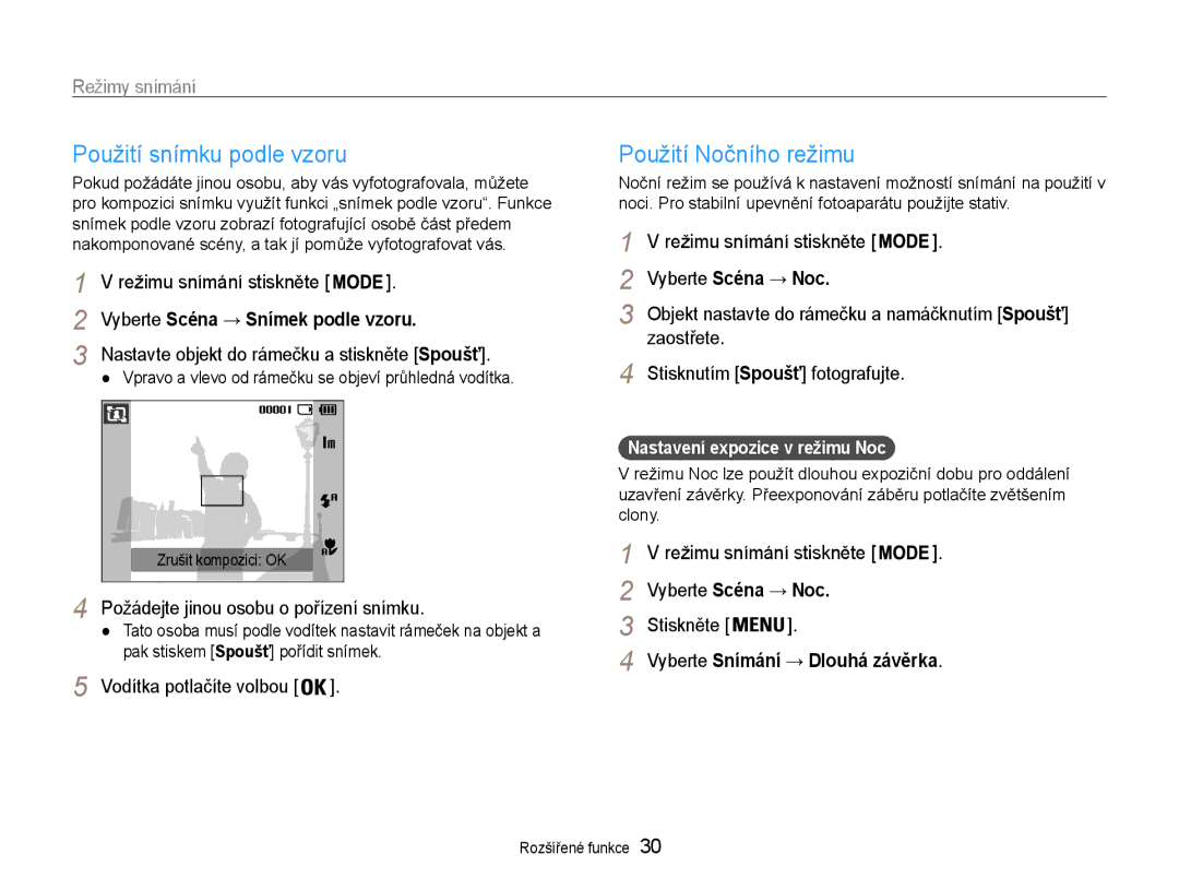 Samsung EC-ST30ZZBPSE3 manual Použití snímku podle vzoru, Použití Nočního režimu, Vyberte Scéna → Snímek podle vzoru 