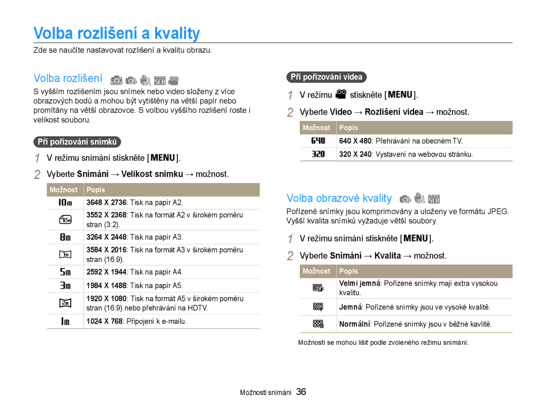 Samsung EC-ST30ZZBPLE3, EC-ST30ZZBPPE3, EC-ST30ZZBPSE3 Volba rozlišení a kvality, Volba obrazové kvality, Režimu Stiskněte 