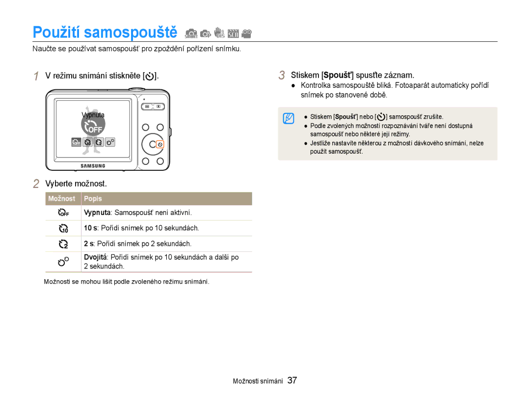 Samsung EC-ST30ZZBPBE3, EC-ST30ZZBPPE3 Použití samospouště, Naučte se používat samospoušť pro zpoždění pořízení snímku 