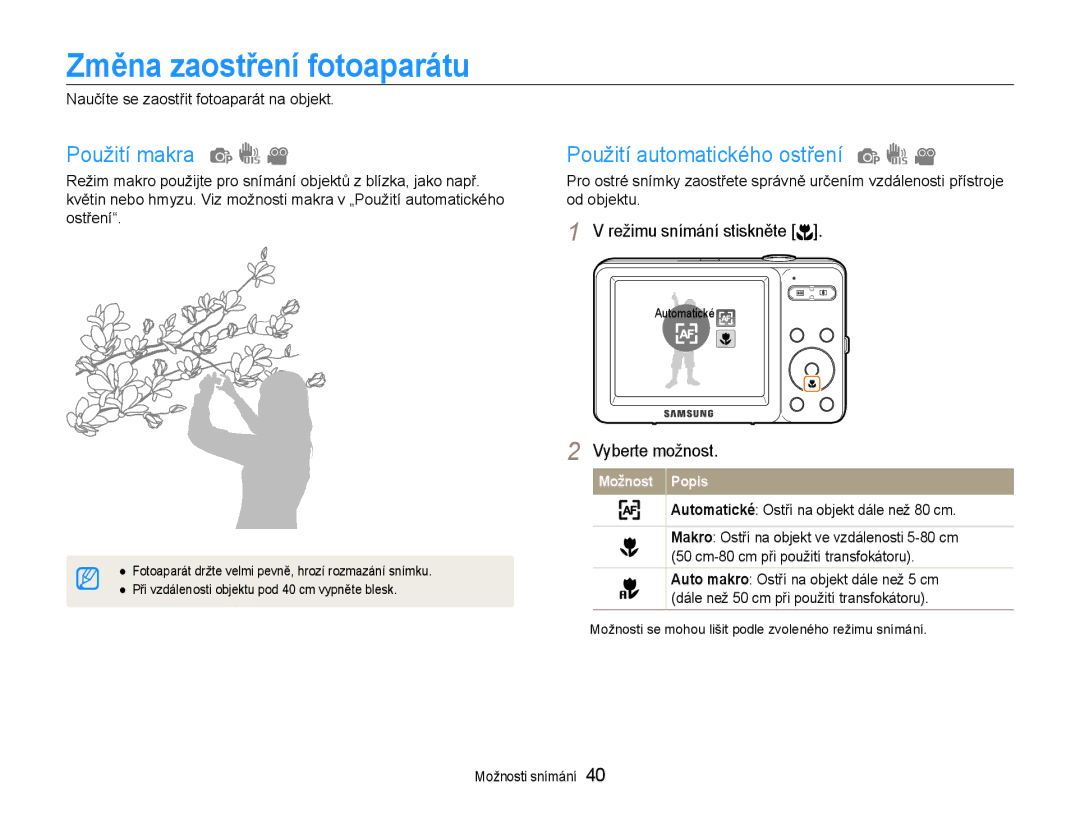 Samsung EC-ST30ZZBPSE3, EC-ST30ZZBPPE3 manual Změna zaostření fotoaparátu, Použití makra, Použití automatického ostření 