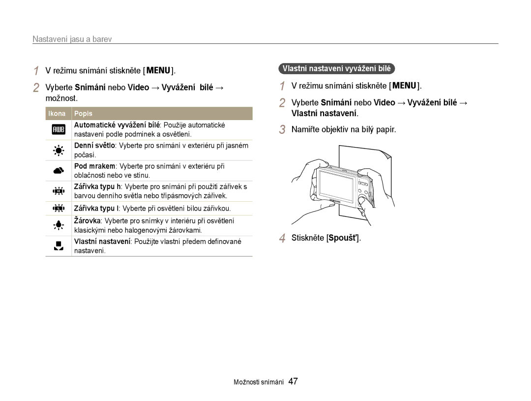 Samsung EC-ST30ZZBPBE3, EC-ST30ZZBPPE3 manual Možnost, Vlastní nastavení, Namiřte objektiv na bílý papír Stiskněte Spoušť 