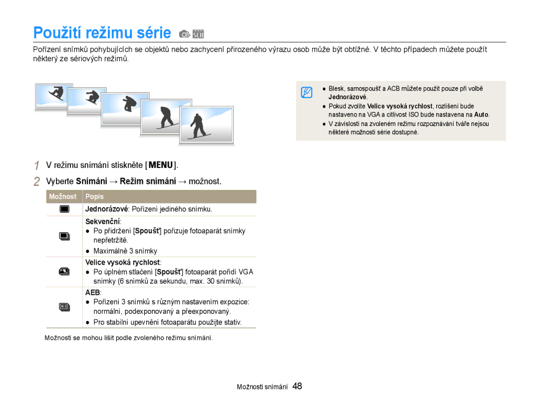 Samsung EC-ST30ZZBPEE3 manual Použití režimu série, Jednorázové Pořízení jediného snímku, Sekvenční, Velice vysoká rychlost 