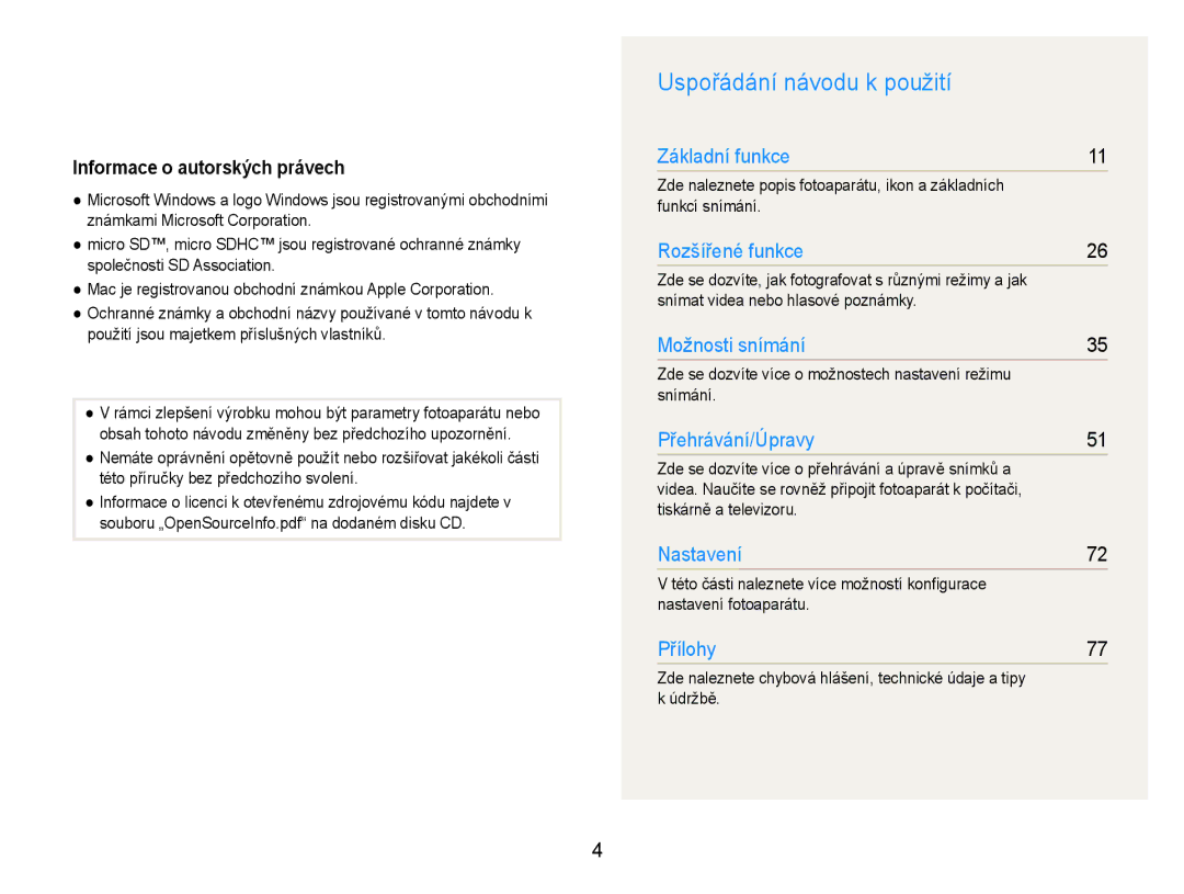 Samsung EC-ST30ZZBPPE3, EC-ST30ZZBPSE3, EC-ST30ZZBPLE3 manual Uspořádání návodu k použití, Informace o autorských právech 