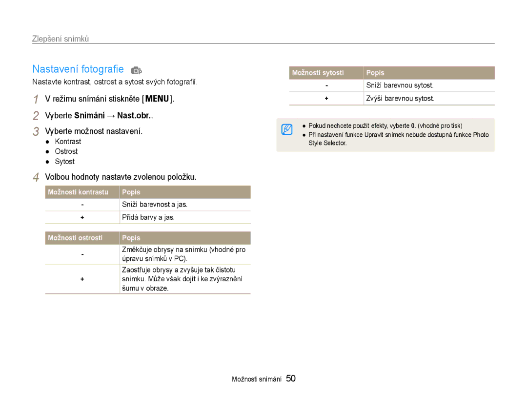 Samsung EC-ST30ZZBPSE3, EC-ST30ZZBPPE3 manual Nastavení fotografie, Vyberte Snímání → Nast.obr, Vyberte možnost nastavení 