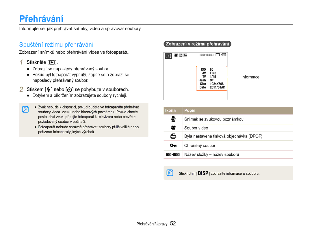 Samsung EC-ST30ZZBPBE3, EC-ST30ZZBPPE3 manual Přehrávání, Spuštění režimu přehrávání, Zobrazení v režimu přehrávání 