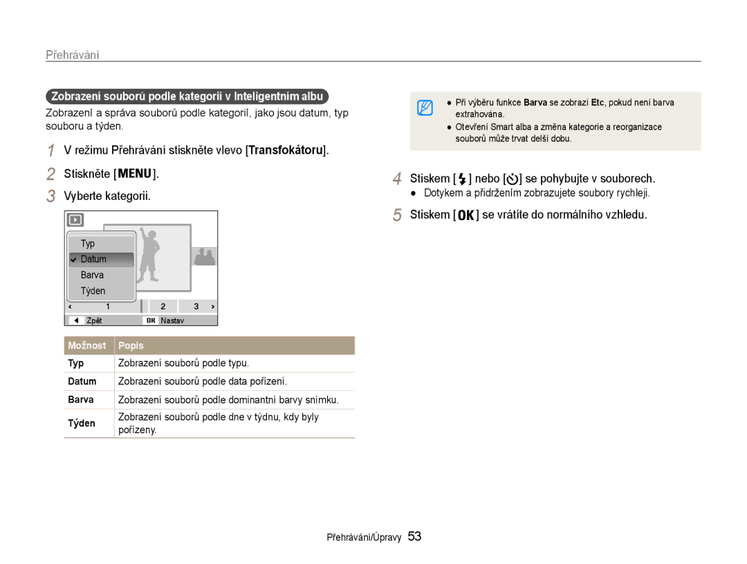 Samsung EC-ST30ZZBPEE3 manual Stiskem nebo se pohybujte v souborech, Zobrazení souborů podle kategorií v Inteligentním albu 