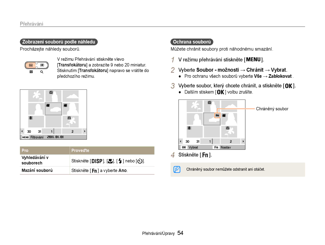 Samsung EC-ST30ZZBPPE3 manual Zobrazení souborů podle náhledu, Stiskněte Nebo, Stiskněte a vyberte Ano, Ochrana souborů 