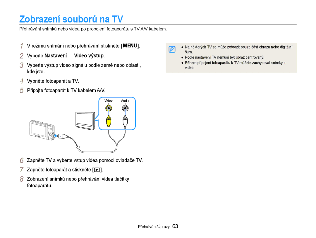 Samsung EC-ST30ZZBPEE3, EC-ST30ZZBPPE3, EC-ST30ZZBPSE3 manual Zobrazení souborů na TV, Vyberte Nastavení → Video výstup 