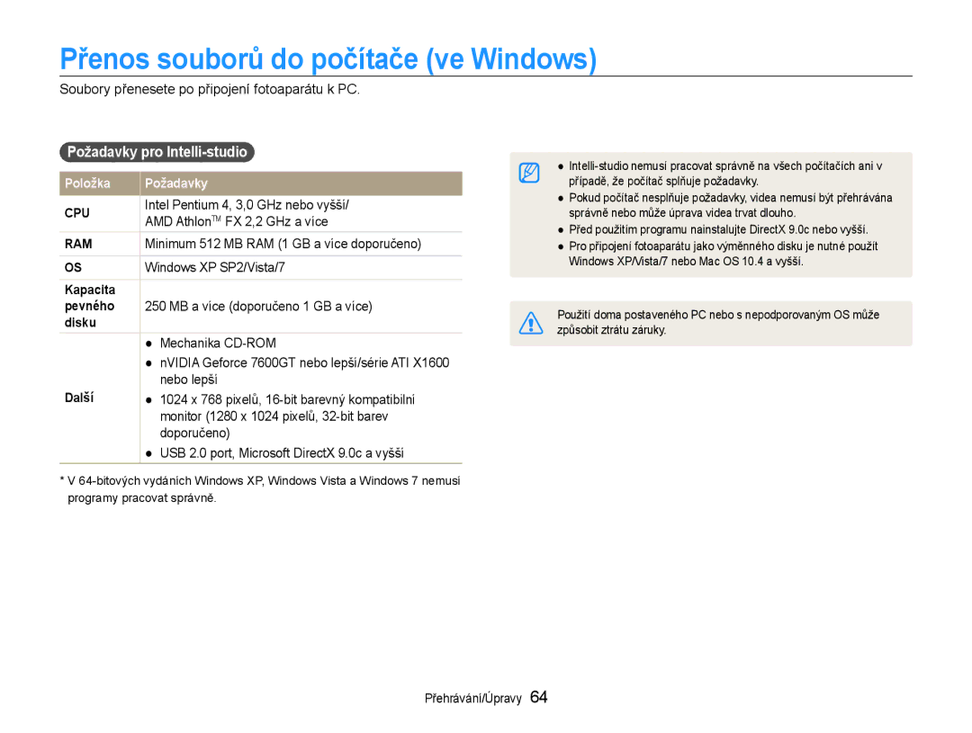 Samsung EC-ST30ZZBPPE3, EC-ST30ZZBPSE3, EC-ST30ZZBPLE3 Přenos souborů do počítače ve Windows, Požadavky pro Intelli-studio 