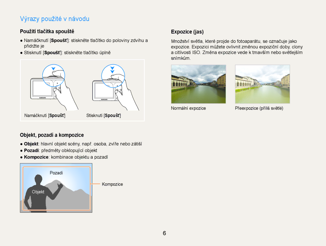 Samsung EC-ST30ZZBPLE3 manual Výrazy použité v návodu, Použití tlačítka spouště, Objekt, pozadí a kompozice, Expozice jas 