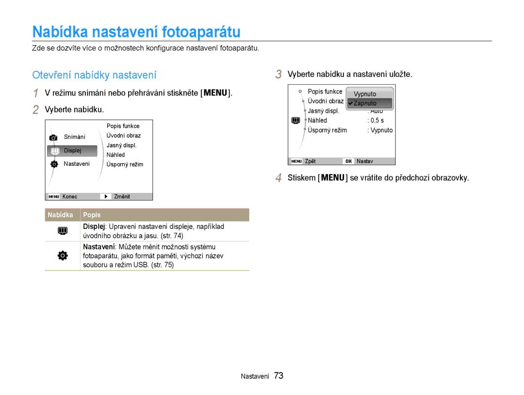 Samsung EC-ST30ZZBPEE3 manual Nabídka nastavení fotoaparátu, Otevření nabídky nastavení, Vyberte nabídku a nastavení uložte 