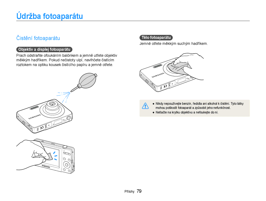 Samsung EC-ST30ZZBPPE3 manual Údržba fotoaparátu, Čistění fotoaparátu, Objektiv a displej fotoaparátu, Tělo fotoaparátu 