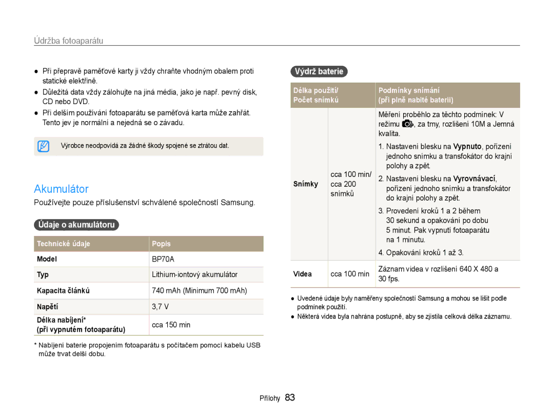 Samsung EC-ST30ZZBPEE3, EC-ST30ZZBPPE3, EC-ST30ZZBPSE3, EC-ST30ZZBPLE3 manual Akumulátor, Výdrž baterie, Údaje o akumulátoru 