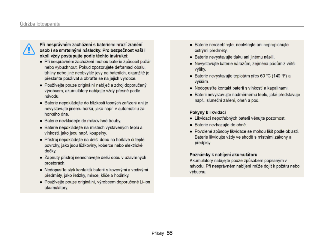 Samsung EC-ST30ZZBPLE3, EC-ST30ZZBPPE3 manual Při nesprávném zacházení mohou baterie způsobit požár, Pokyny k likvidaci 