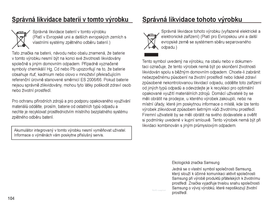 Samsung EC-ST45ZZBPBE3, EC-ST45ZZBPRE3 manual Správná likvidace tohoto výrobku, Správná likvidace baterií v tomto výrobku 