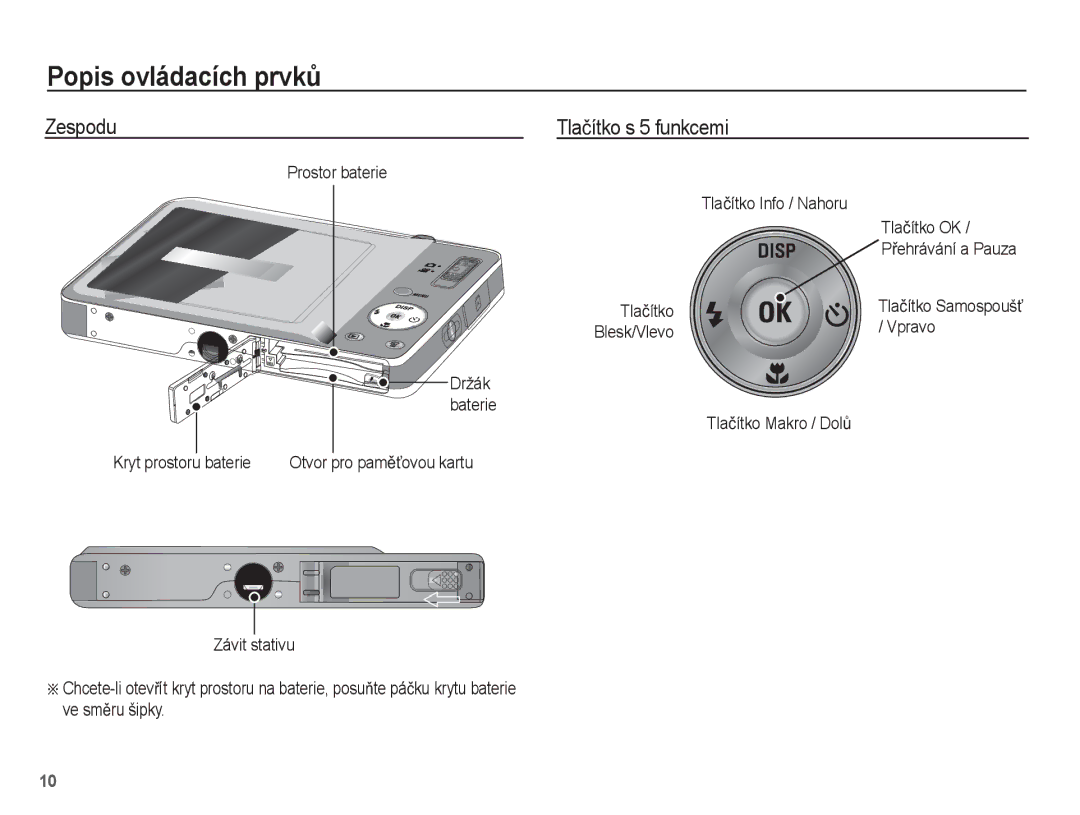 Samsung EC-ST45ZZBPAE3, EC-ST45ZZBPBE3 Zespodu Tlaþítko s 5 funkcemi, Prostor baterie Tlaþítko Info / Nahoru Tlaþítko OK 