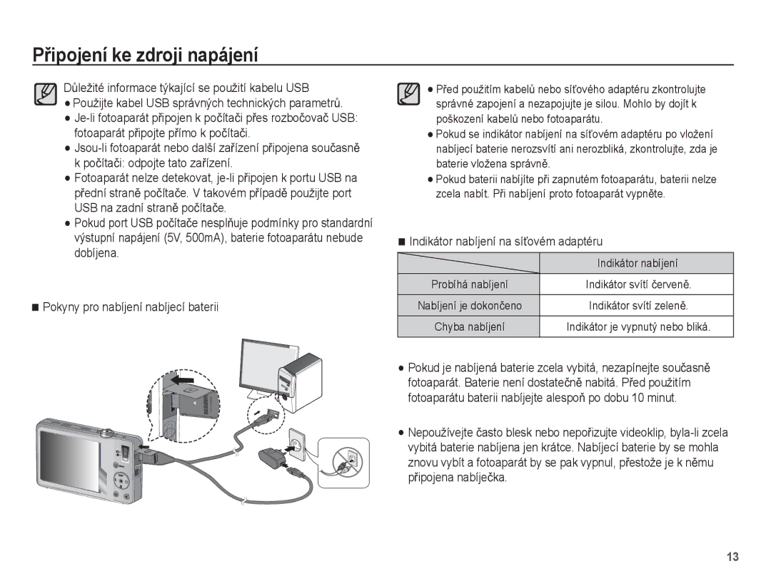 Samsung EC-ST45ZZBPAE3, EC-ST45ZZBPBE3, EC-ST45ZZBPRE3 manual Indikátor nabíjení na síĢovém adaptéru 