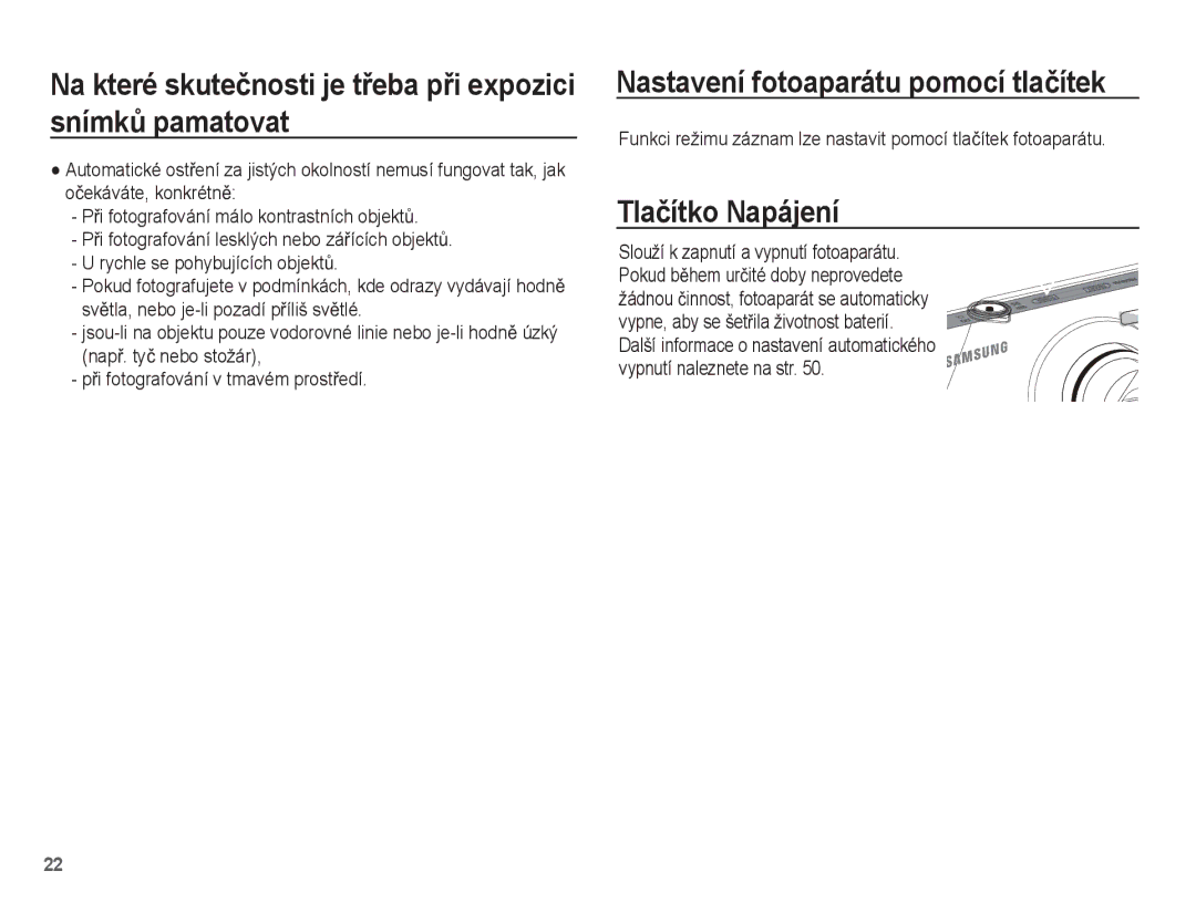 Samsung EC-ST45ZZBPAE3, EC-ST45ZZBPBE3, EC-ST45ZZBPRE3 manual Nastavení fotoaparátu pomocí tlaþítek, Tlaþítko Napájení 