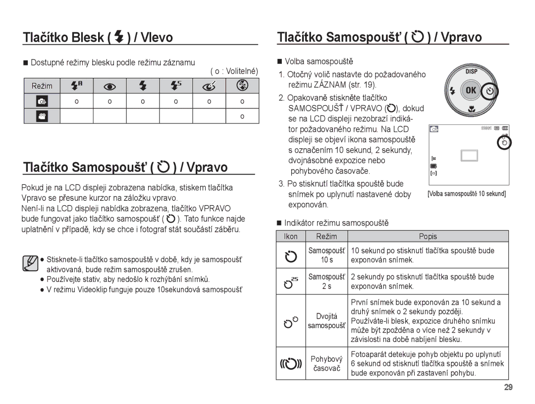 Samsung EC-ST45ZZBPBE3, EC-ST45ZZBPRE3 Tlaþítko SamospoušĢ / Vpravo, Dostupné režimy blesku podle režimu záznamu Volitelné 