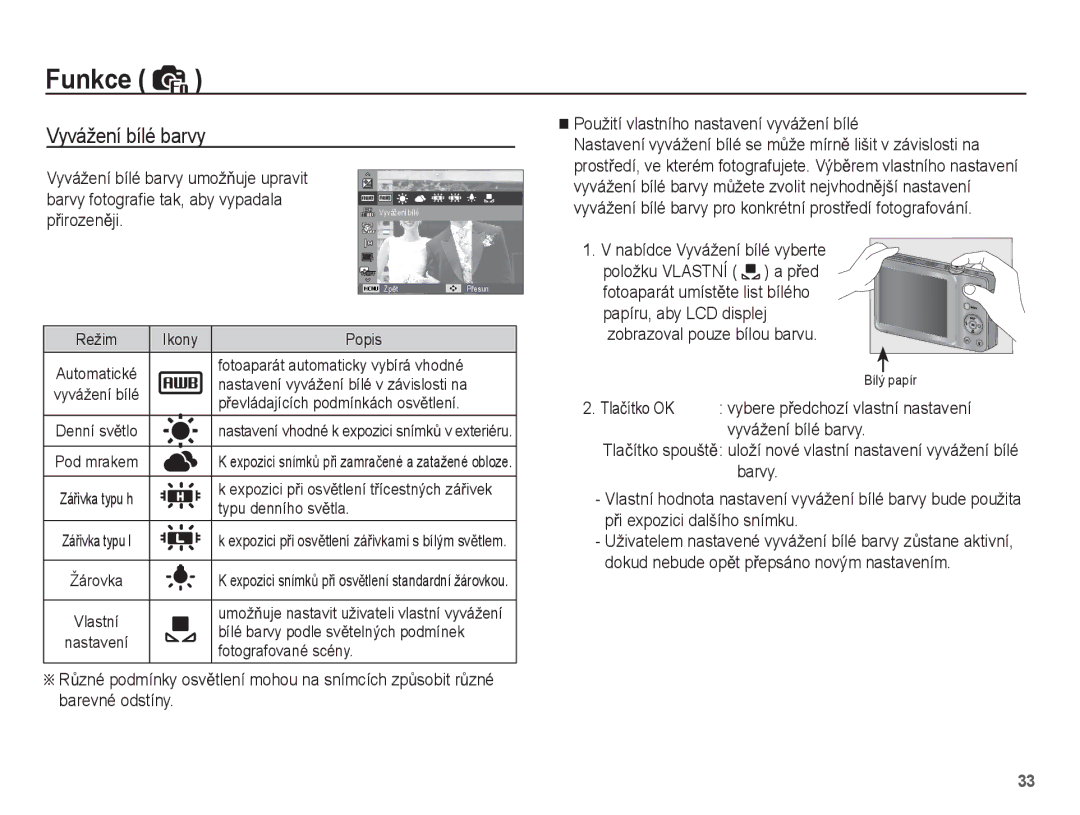 Samsung EC-ST45ZZBPRE3 manual Barvy fotograﬁe tak, aby vypadala PĜirozenČji, Použití vlastního nastavení vyvážení bílé 