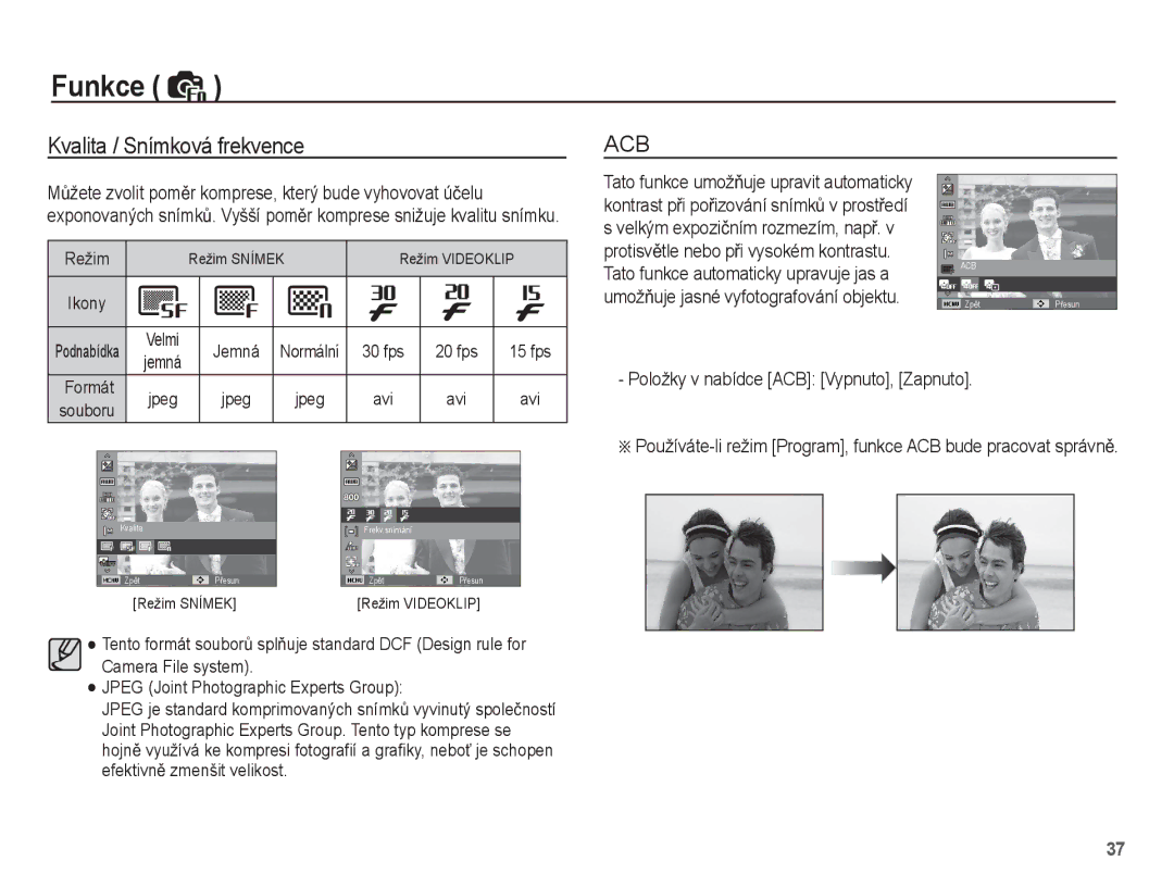 Samsung EC-ST45ZZBPAE3 manual Kvalita / Snímková frekvence, Položky v nabídce ACB Vypnuto, Zapnuto, Jemná Normální 30 fps 