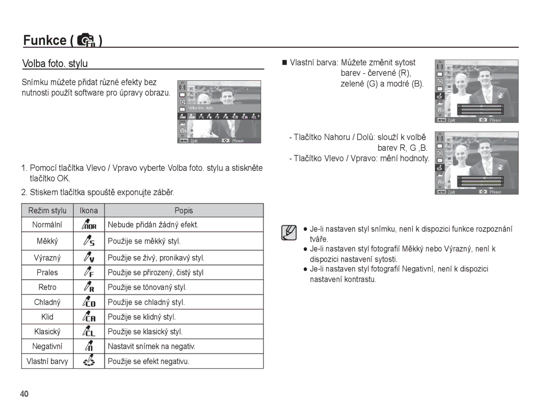 Samsung EC-ST45ZZBPAE3, EC-ST45ZZBPBE3, EC-ST45ZZBPRE3 manual Volba foto. stylu 