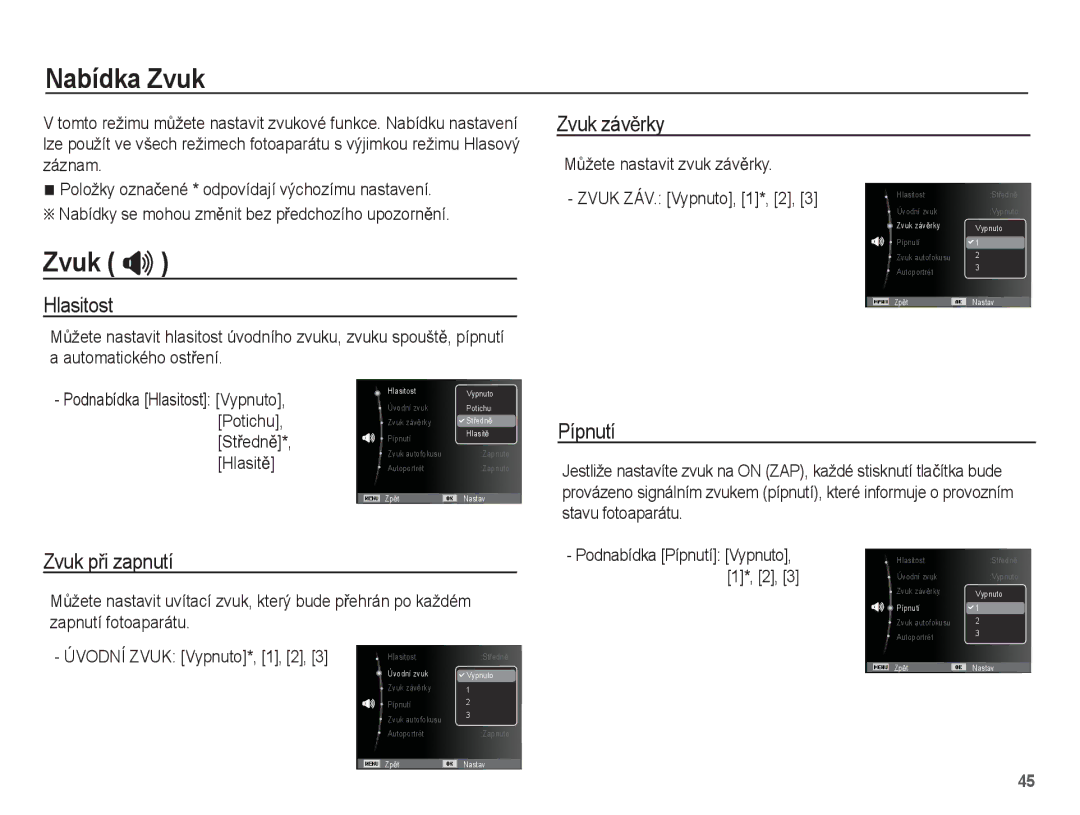 Samsung EC-ST45ZZBPRE3, EC-ST45ZZBPBE3, EC-ST45ZZBPAE3 manual Nabídka Zvuk, Zvuk  