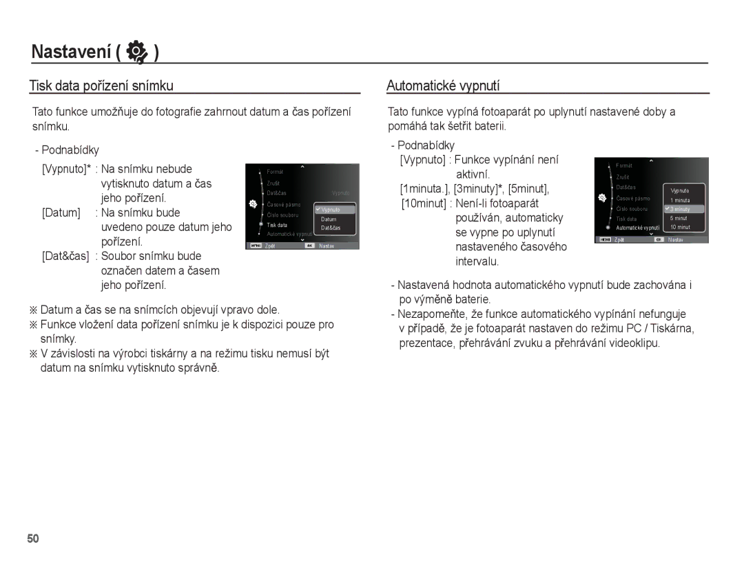 Samsung EC-ST45ZZBPBE3, EC-ST45ZZBPRE3, EC-ST45ZZBPAE3 manual Tisk data poĜízení snímku, Automatické vypnutí 