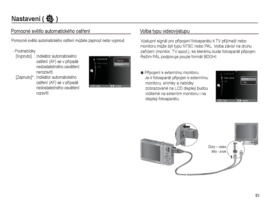 Samsung EC-ST45ZZBPRE3, EC-ST45ZZBPBE3 manual Pomocné svČtlo automatického ostĜení, Volba typu videovýstupu, Nerozsvítí 