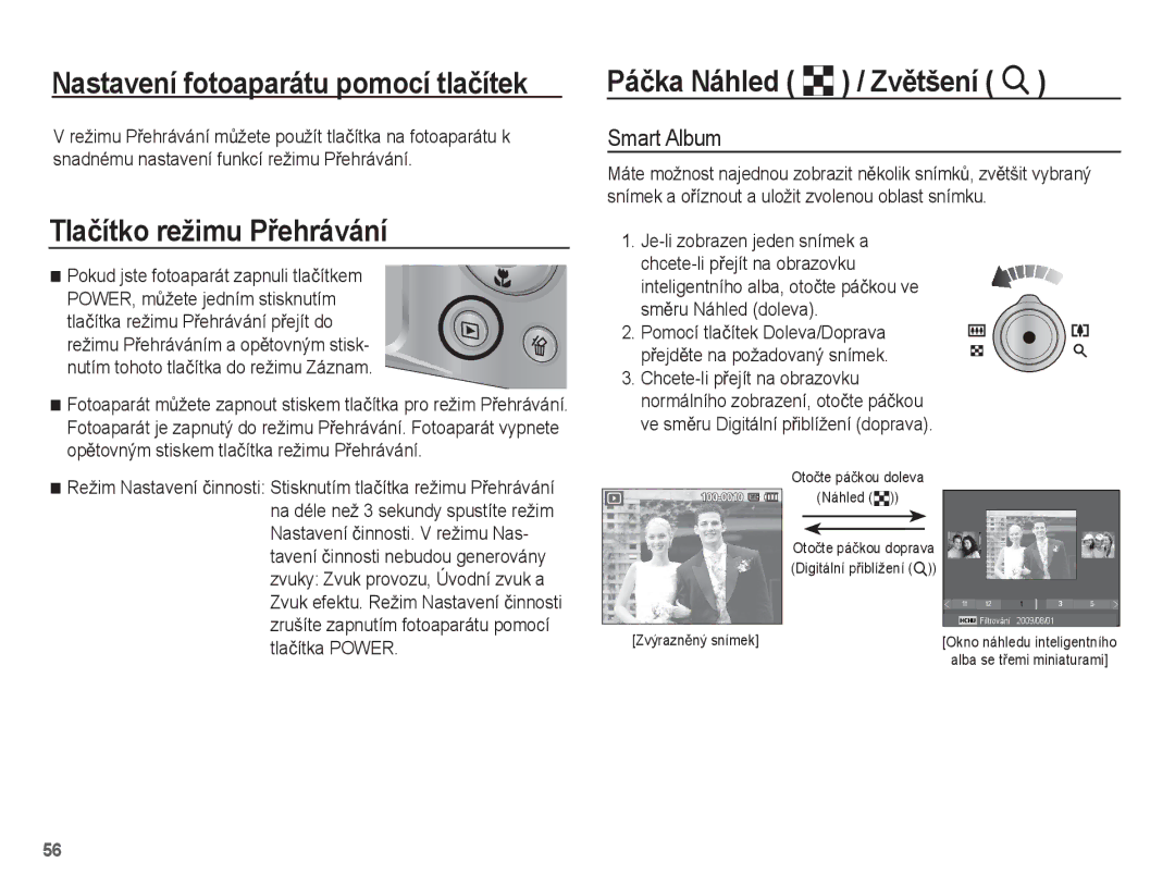 Samsung EC-ST45ZZBPBE3 manual Tlaþítko režimu PĜehrávání, Páþka Náhled º / ZvČtšení í, Smart Album, SmČru Náhled doleva 