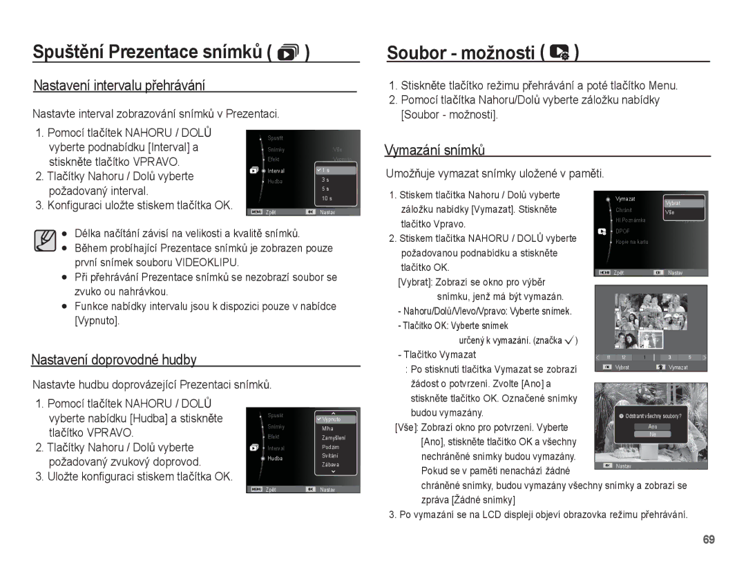 Samsung EC-ST45ZZBPRE3, EC-ST45ZZBPBE3 manual Nastavení intervalu pĜehrávání, Vymazání snímkĤ, Nastavení doprovodné hudby 