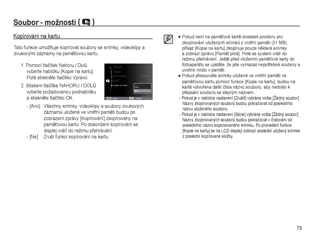 Samsung EC-ST45ZZBPAE3, EC-ST45ZZBPBE3 Kopírování na kartu, Ne Zruší funkci kopírování na kartu, Názvu uloženého souboru 