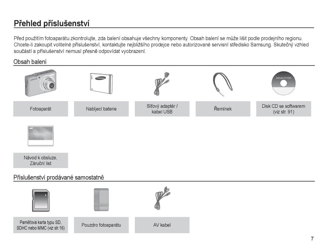 Samsung EC-ST45ZZBPAE3, EC-ST45ZZBPBE3 manual PĜehled pĜíslušenství, Obsah balení, PĜíslušenství prodávané samostatnČ 