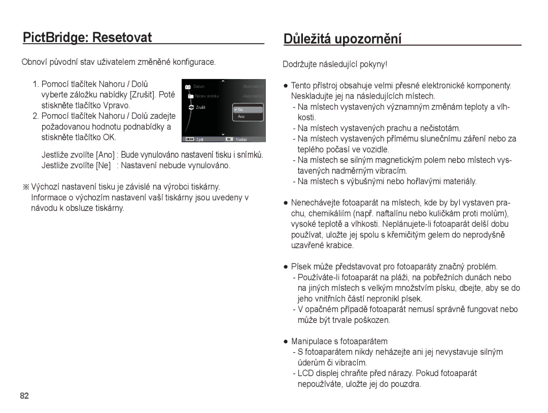 Samsung EC-ST45ZZBPAE3, EC-ST45ZZBPBE3, EC-ST45ZZBPRE3 manual PictBridge Resetovat, DĤležitá upozornČní 