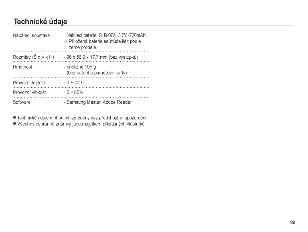 Samsung EC-ST45ZZBPBE3, EC-ST45ZZBPRE3 manual Napájecí soustava, ZemČ prodeje, ÄPĜiložená baterie se mĤže lišit podle 