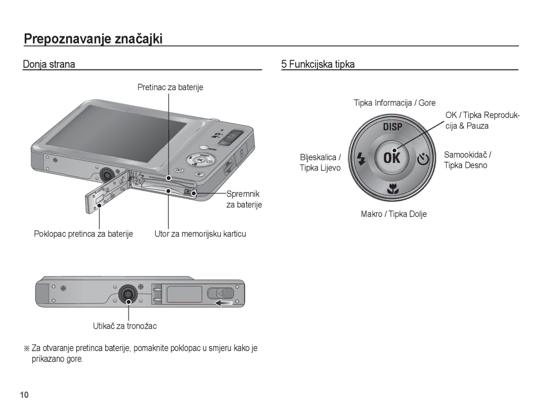 Samsung EC-ST45ZZBPRE3 manual Donja strana Funkcijska tipka, Pretinac za baterije, Cija & Pauza, Tipka Informacija / Gore 