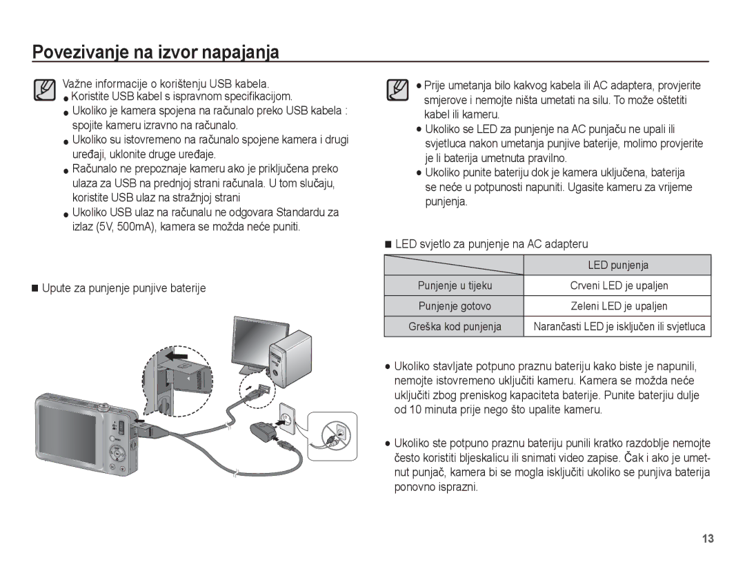 Samsung EC-ST45ZZBPBE3, EC-ST45ZZBPRE3 manual Upute za punjenje punjive baterije, LED punjenja 