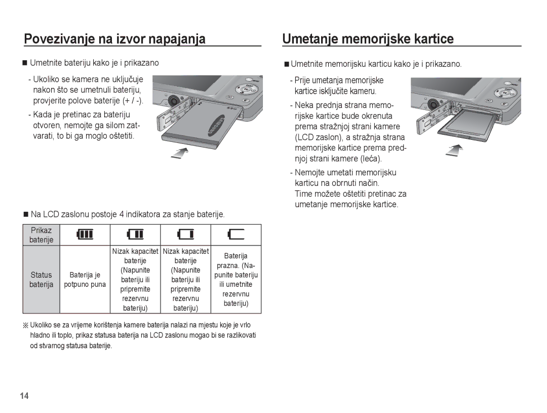 Samsung EC-ST45ZZBPRE3, EC-ST45ZZBPBE3 manual Umetanje memorijske kartice, Umetnite bateriju kako je i prikazano, Prikaz 