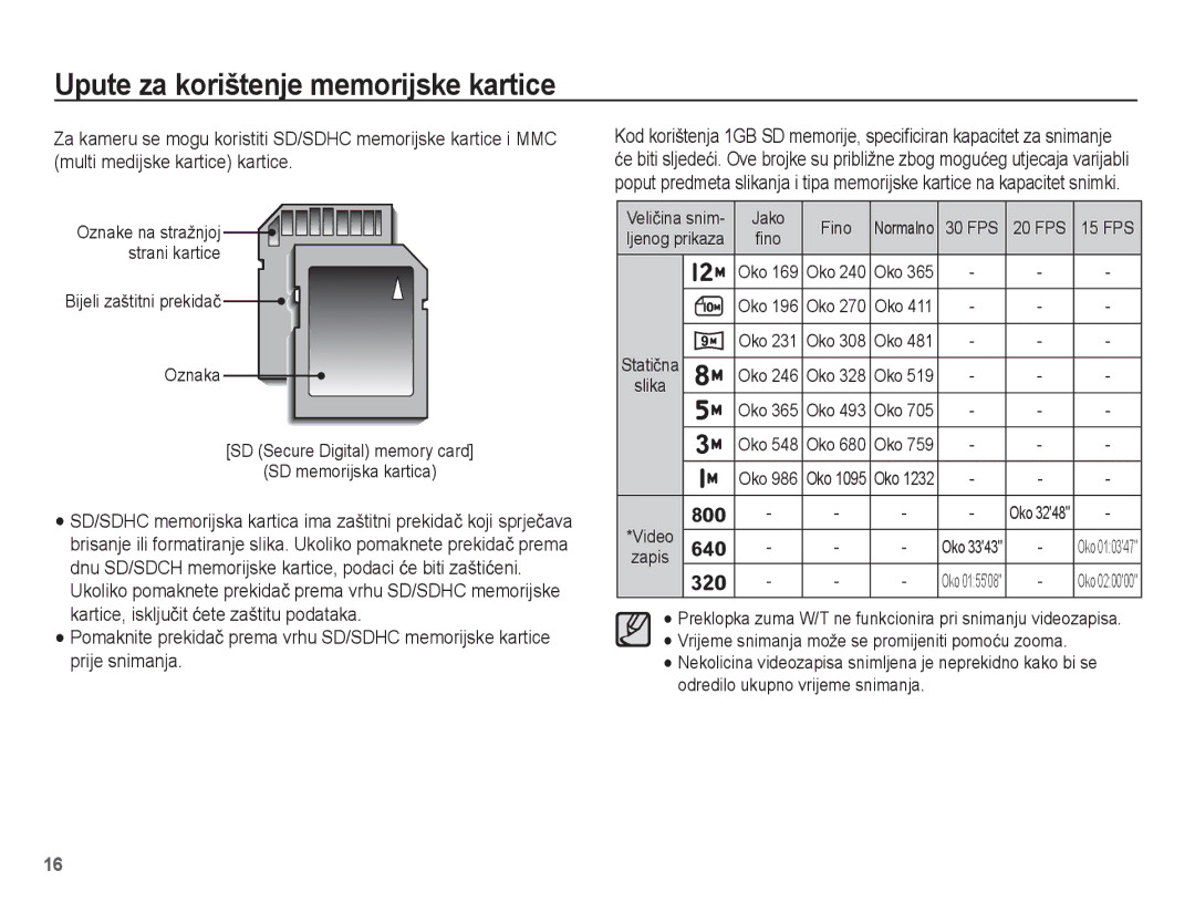 Samsung EC-ST45ZZBPRE3, EC-ST45ZZBPBE3 manual Veliþina snim, Ljenog prikaza 