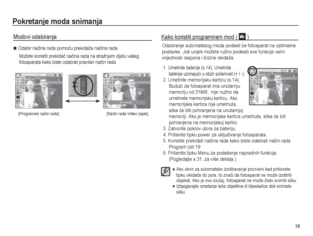 Samsung EC-ST45ZZBPBE3 Pokretanje moda snimanja, Modovi odabiranja, Kako koristiti programirani mod, Programski naþin rada 