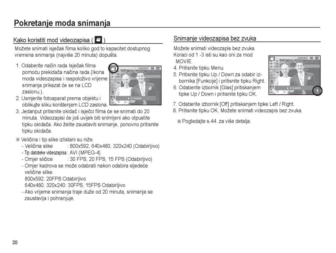 Samsung EC-ST45ZZBPRE3, EC-ST45ZZBPBE3 manual Kako koristiti mod videozapisa, Snimanje videozapisa bez zvuka 