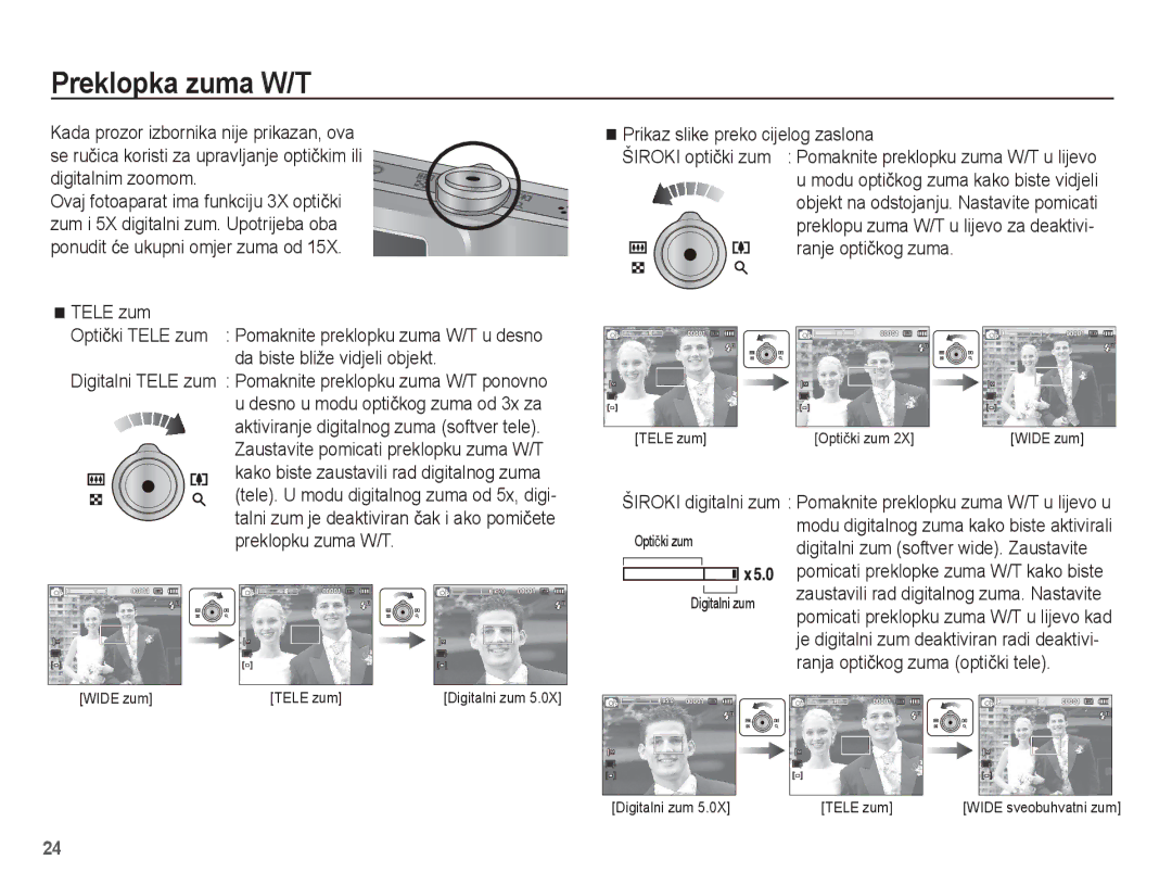 Samsung EC-ST45ZZBPRE3 manual Preklopka zuma W/T, Tele zum, Preklopu zuma W/T u lijevo za deaktivi- ranje optiþkog zuma 