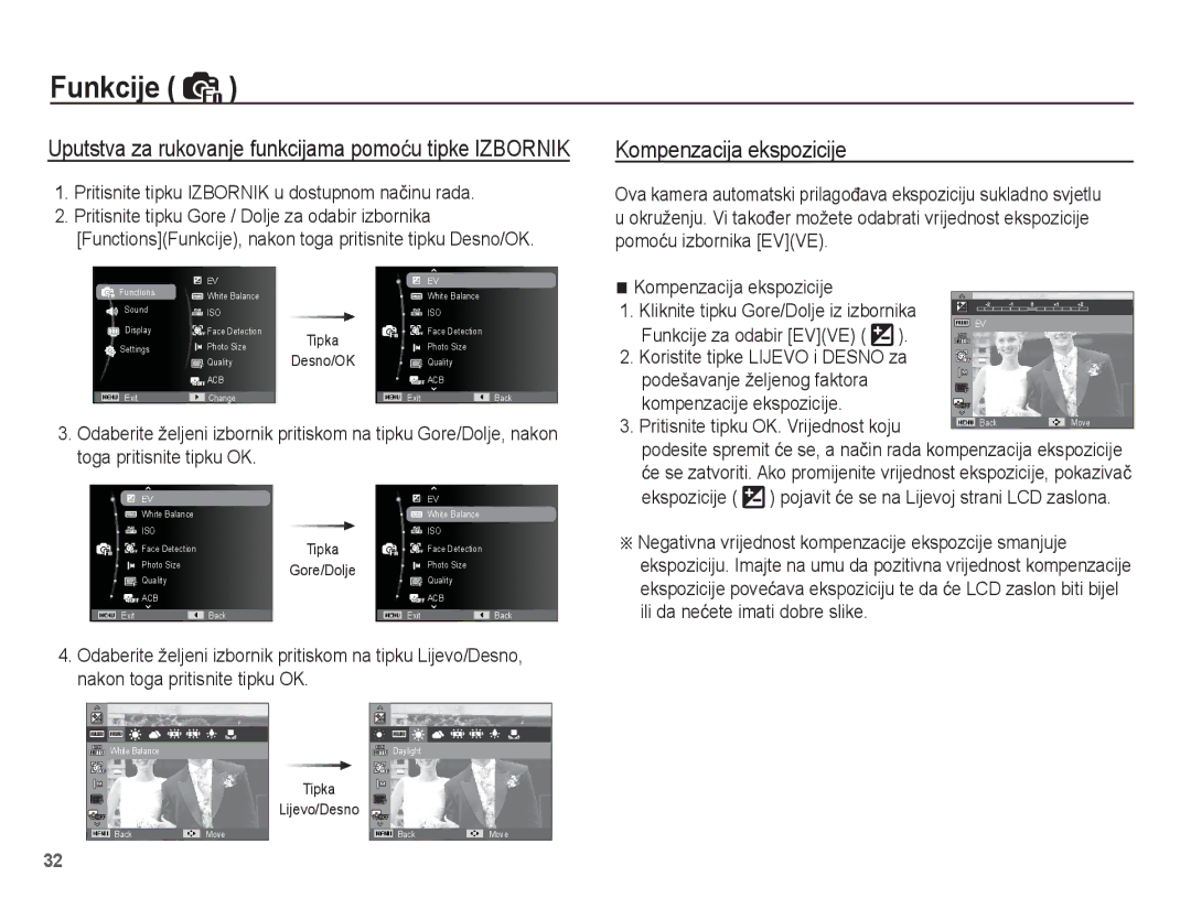 Samsung EC-ST45ZZBPRE3 manual Kompenzacija ekspozicije, Pritisnite tipku Izbornik u dostupnom naþinu rada, Ekspozicije 