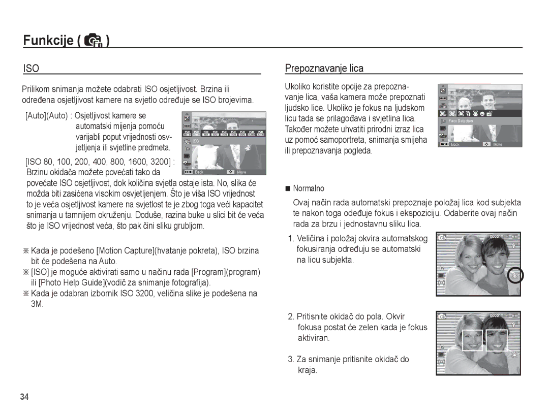 Samsung EC-ST45ZZBPRE3, EC-ST45ZZBPBE3 manual Prepoznavanje lica, AutoAuto Osjetljivost kamere se Automatski mijenja pomoüu 