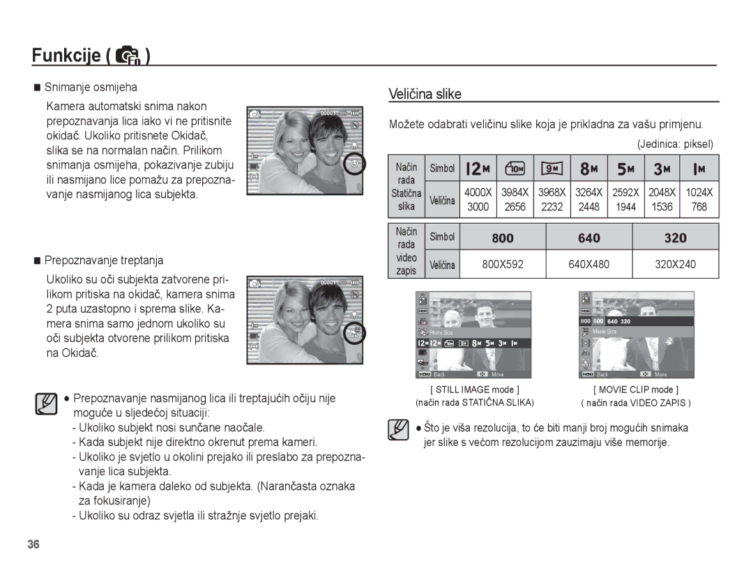 Samsung EC-ST45ZZBPRE3, EC-ST45ZZBPBE3 manual Veliþina slike, Snimanje osmijeha, Prepoznavanje treptanja 