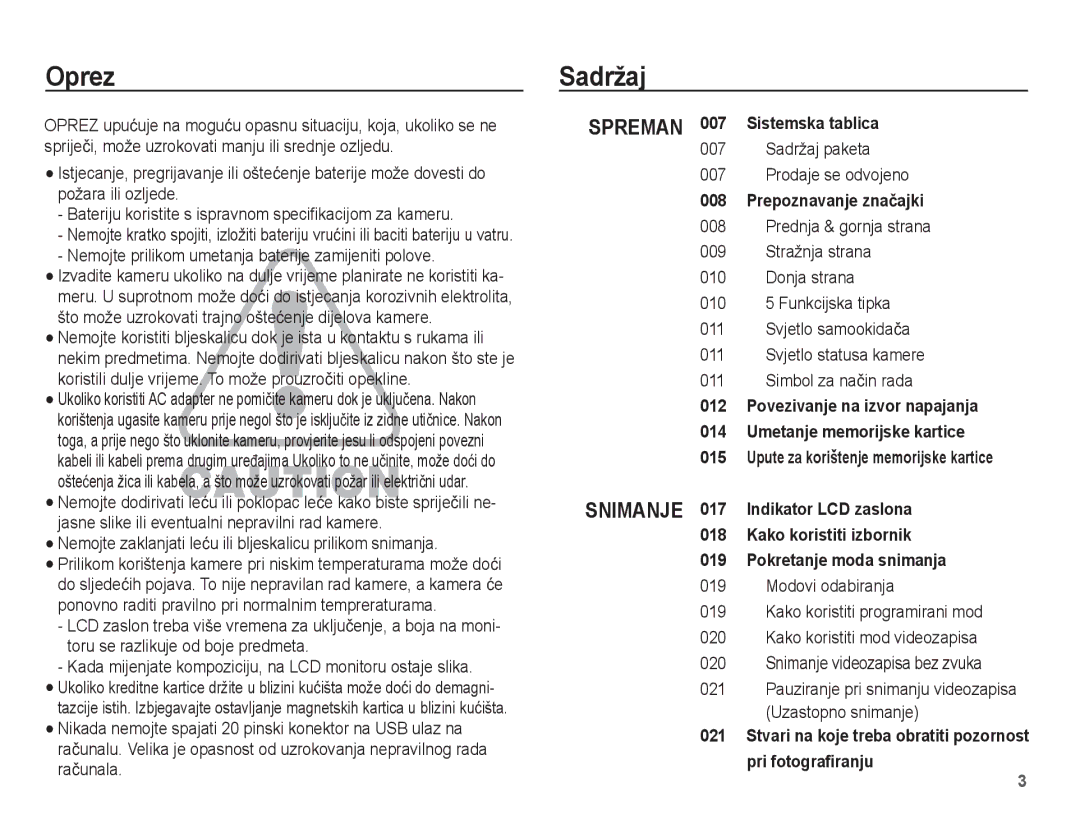 Samsung EC-ST45ZZBPBE3, EC-ST45ZZBPRE3 manual Oprez, Sadržaj, Nemojte prilikom umetanja baterije zamijeniti polove 