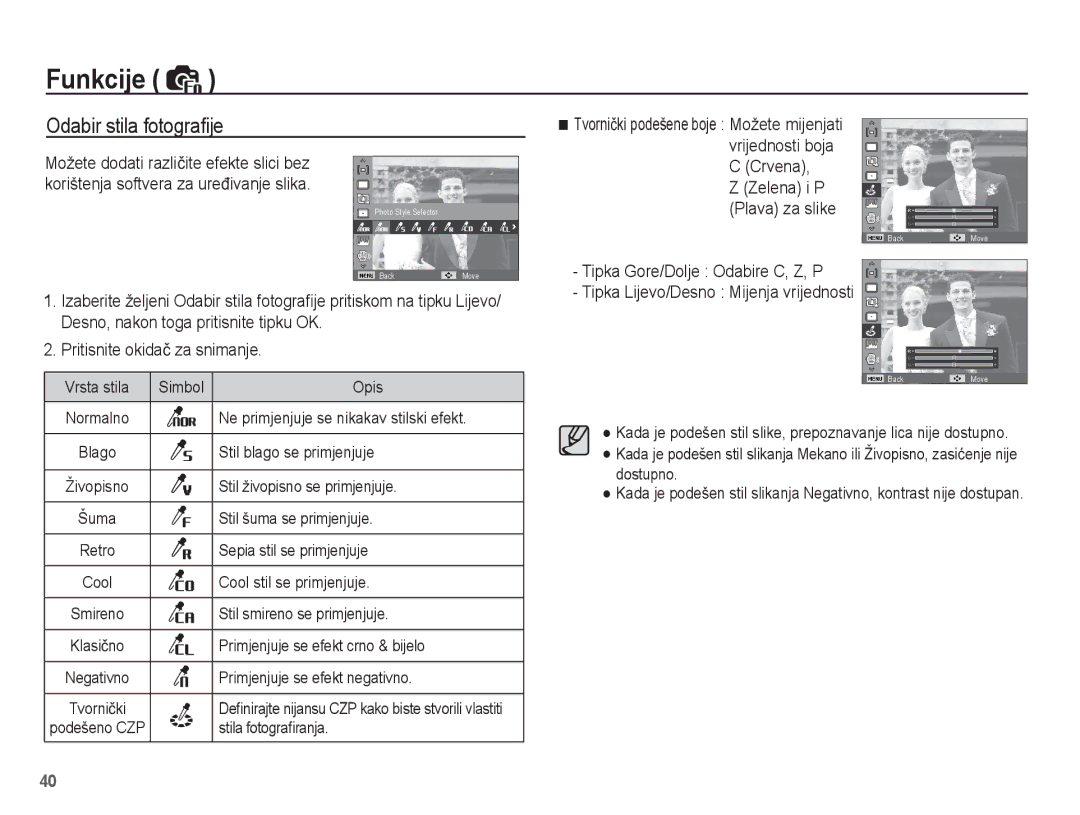 Samsung EC-ST45ZZBPRE3, EC-ST45ZZBPBE3 manual Odabir stila fotograﬁje 