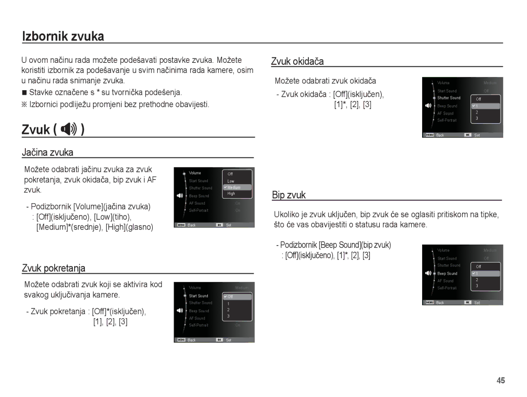 Samsung EC-ST45ZZBPBE3, EC-ST45ZZBPRE3 manual Izbornik zvuka, Zvuk , Jaþina zvuka Zvuk okidaþa, Zvuk pokretanja, Bip zvuk 