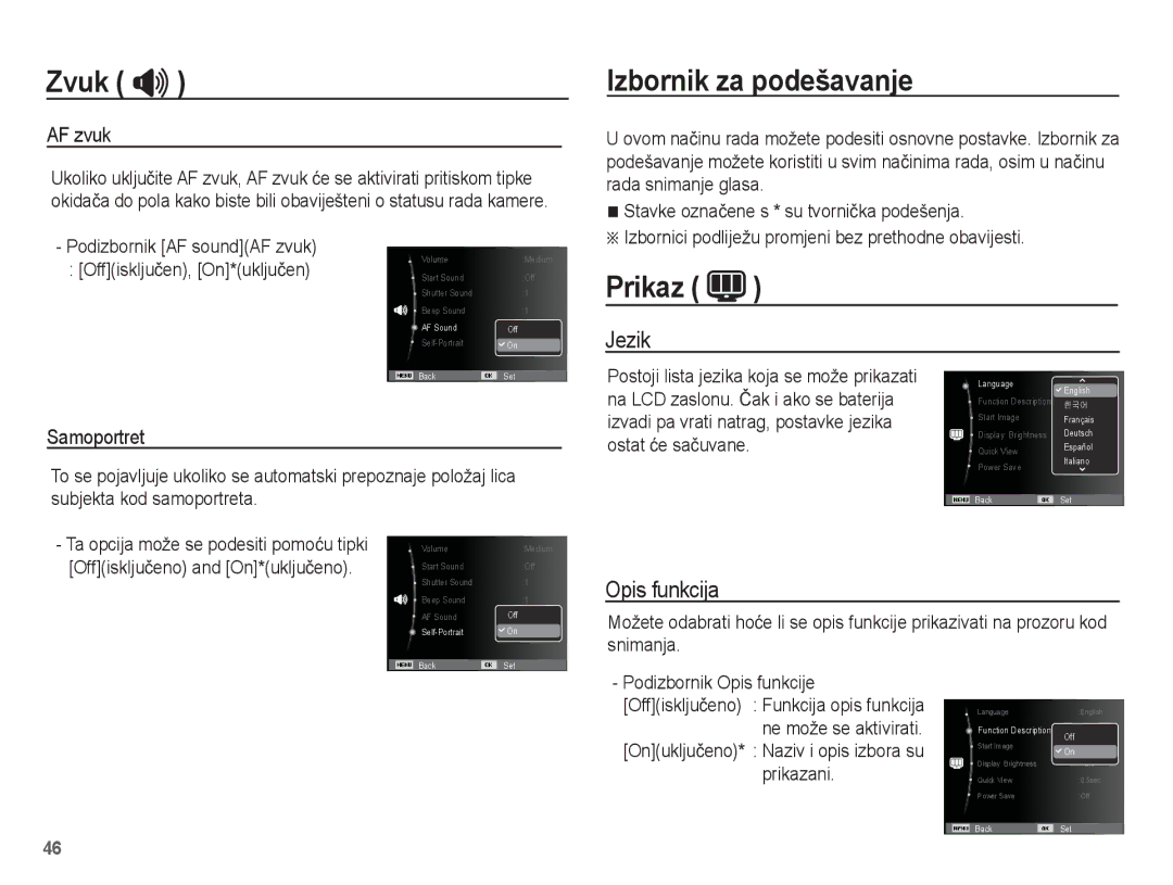 Samsung EC-ST45ZZBPRE3, EC-ST45ZZBPBE3 manual Izbornik za podešavanje, Prikaz, Jezik, Opis funkcija 