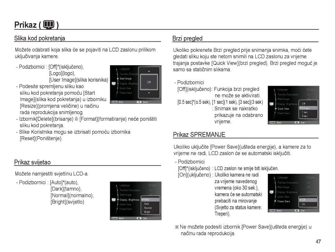 Samsung EC-ST45ZZBPBE3, EC-ST45ZZBPRE3 manual Slika kod pokretanja Brzi pregled, Prikaz svijetao Prikaz Spremanje 